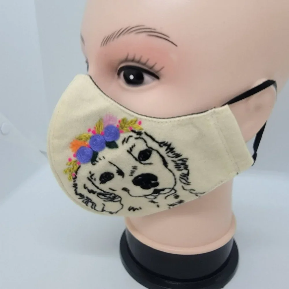 New Face cover ear loop Cream Mask Women Embroidered handmade golden retriever